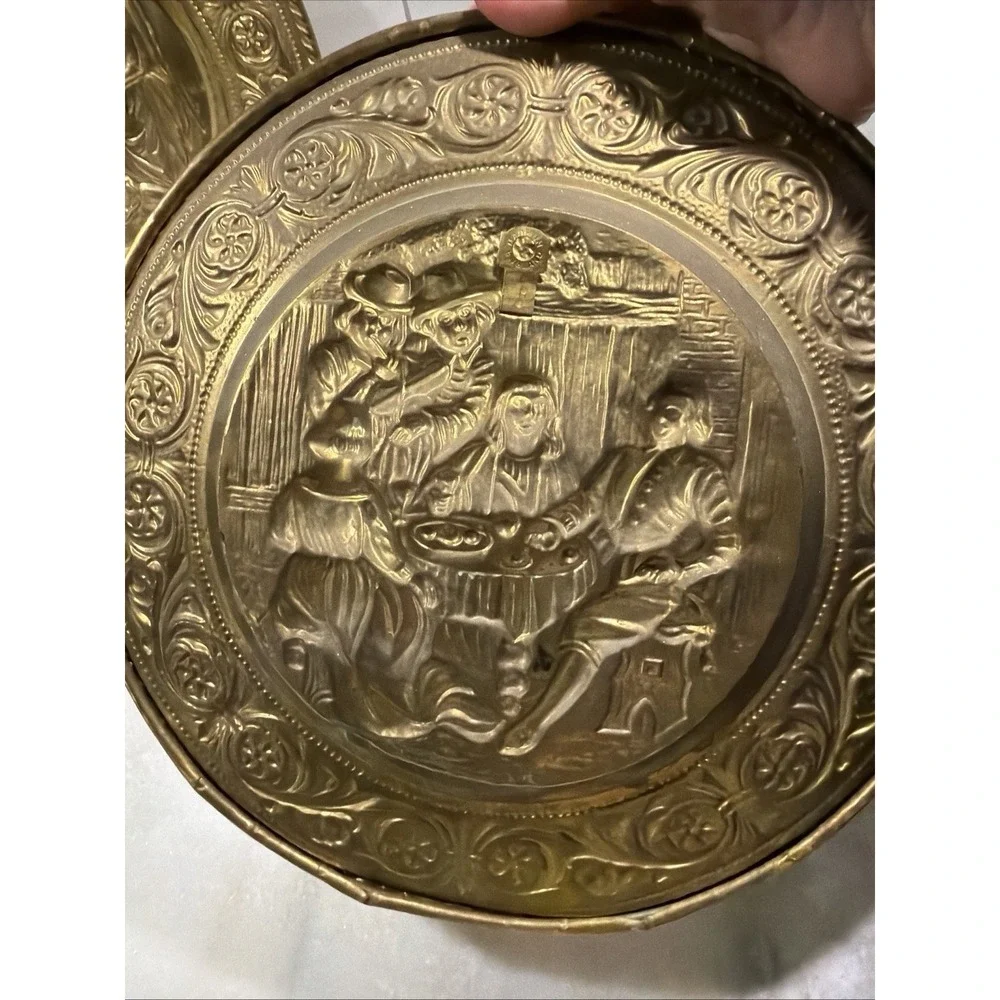 Set Of 2 Vintage Brass Metal Decor Wall Plate Made in England Pub Scenes
